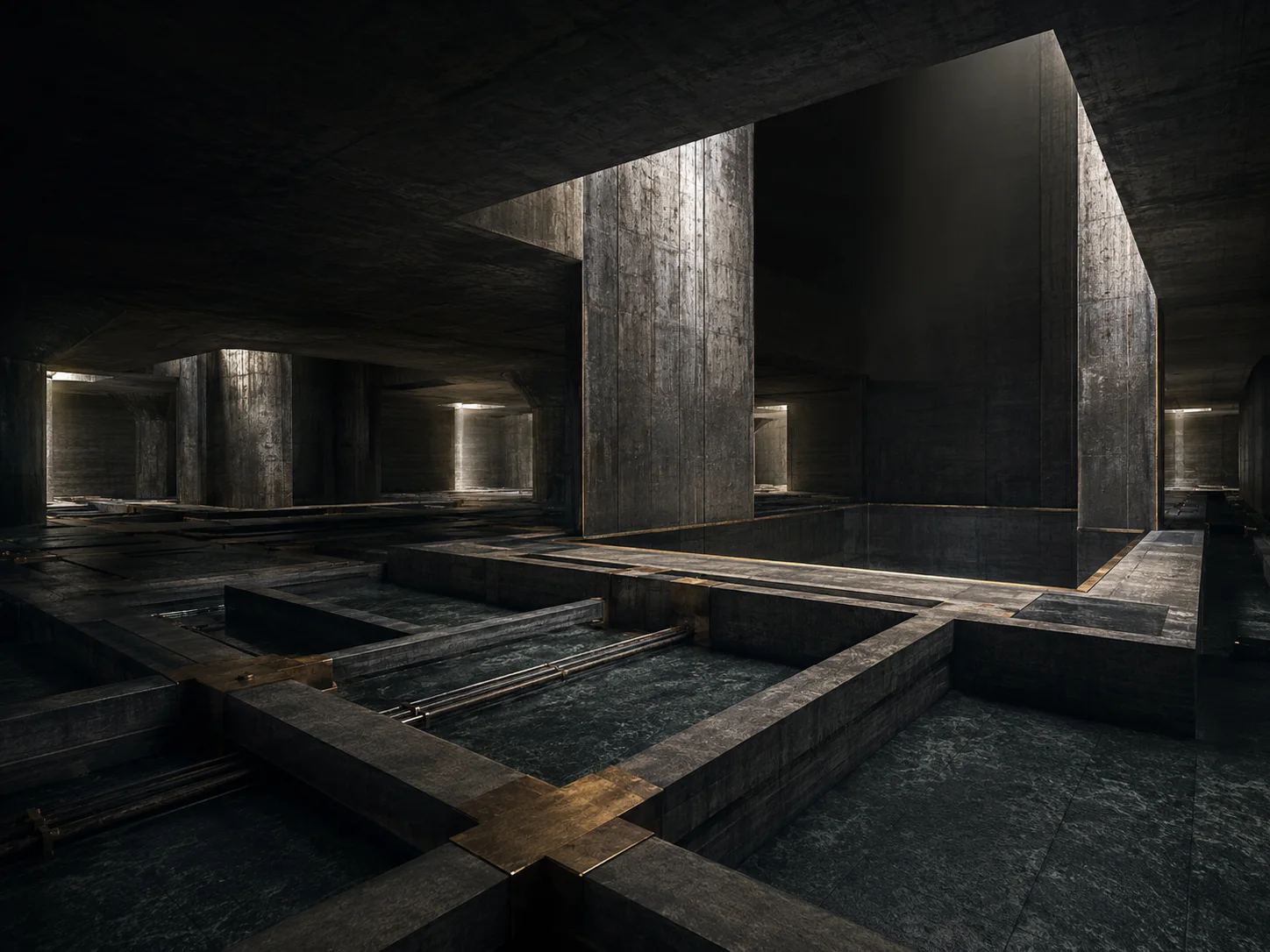 Interior de uma fundação de concreto aparente com vigas, ferragens e vãos estruturais antes do início da construção