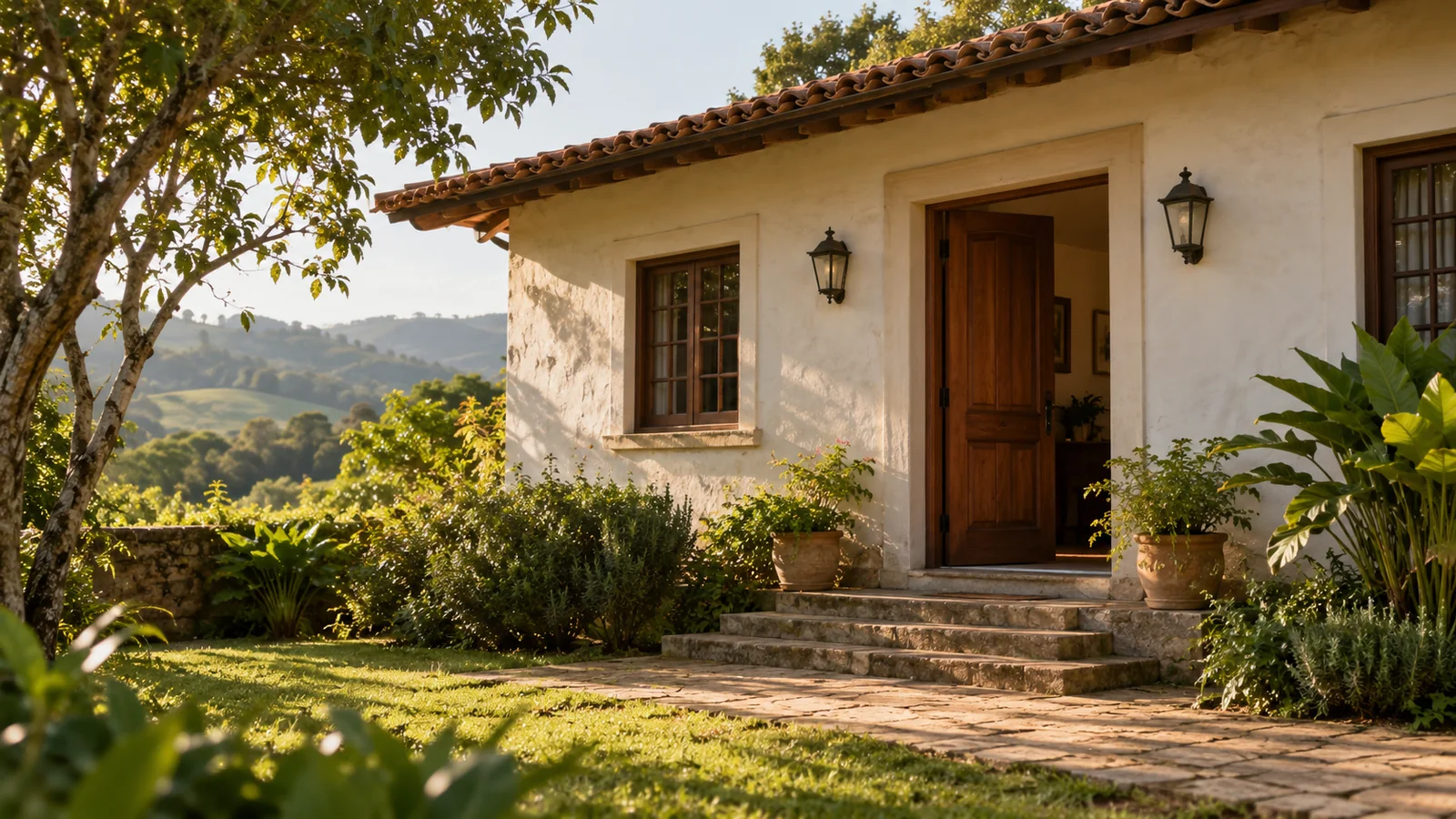 Casa com varanda, fachada clara e jardim em uma paisagem do interior.