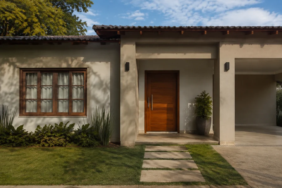 Fachada de uma residência com acabamentos em madeira e jardim