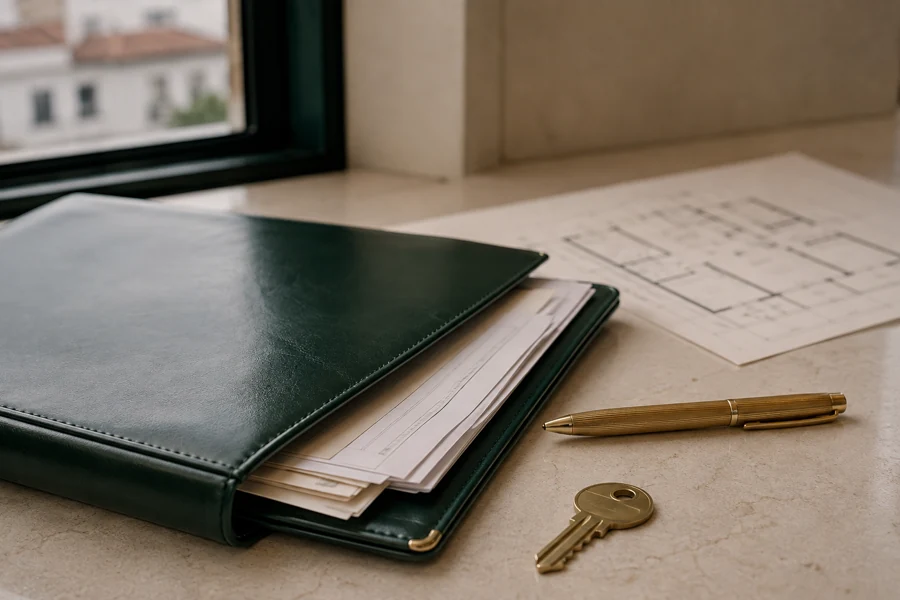 Pasta com documentos imobiliários, planta de imóvel, caneta e chave sobre mesa clara