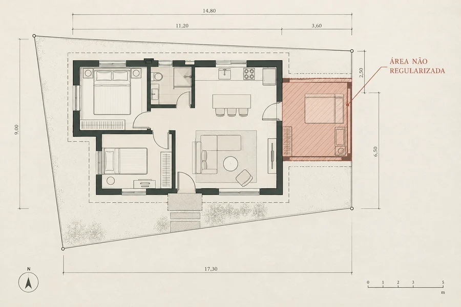 Planta de uma casa com a área de um quarto ampliado destacada como área não regularizada